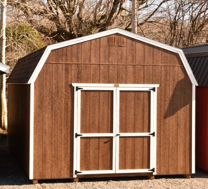 ULB 12x20 Utility Lofted Barn Chestnut Brown with White Trim Brownwood Shingle C 1 scaled e1587235908743