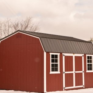 Utility Lofted Barn 12x16 Rustic Red with White Trim Bronze Metal