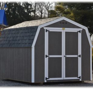 Utility Barn 8x10 Driftwood with White Trim State Gray Shingles 3